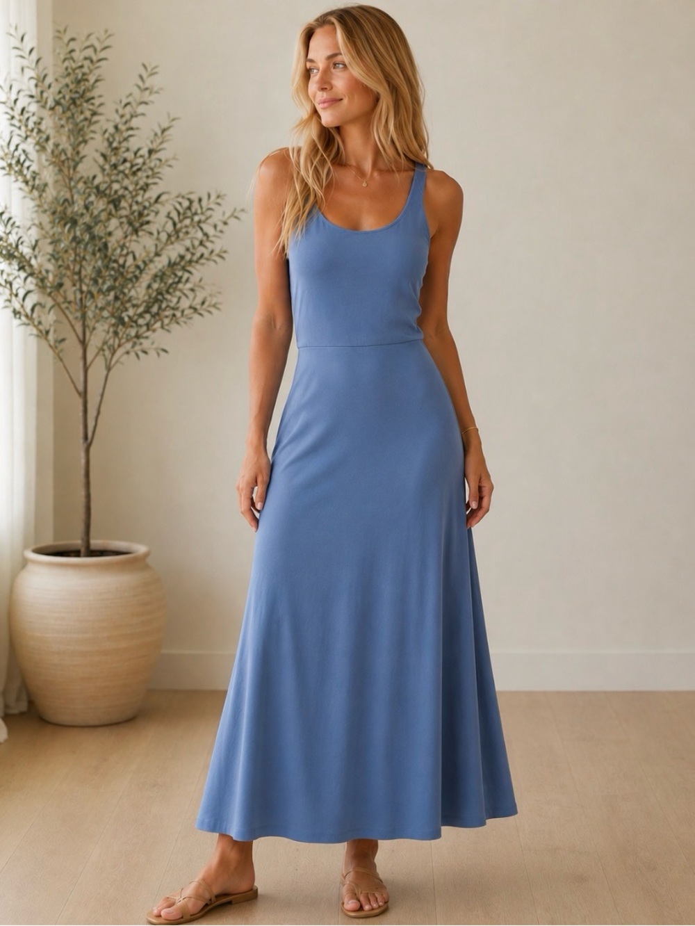 Scoop Neck Maxi Dress in Dusty Blue